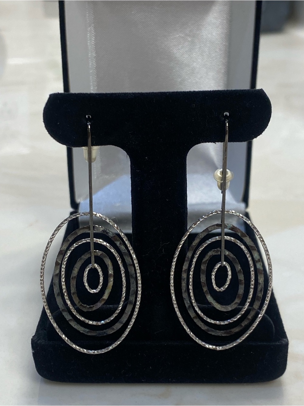 Textured Concentric Hoop Drop Earrings - Silver Multi Tone